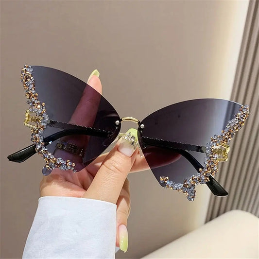 Y2K Luxury Diamond Butterfly Sunglasses for Women Vintage Rimless Sun Glasses Oversized Rhinestone Bling Shades Ladies Eyewear