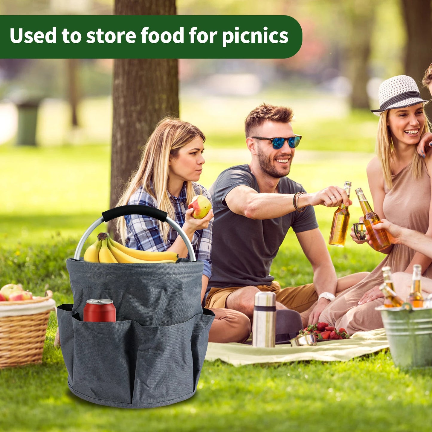 17L Hand Storage Basket Folding Garden Tool Basket Portable Picnic Basket Large Capacity Multifunctional Wash Bag with 6 Pockets