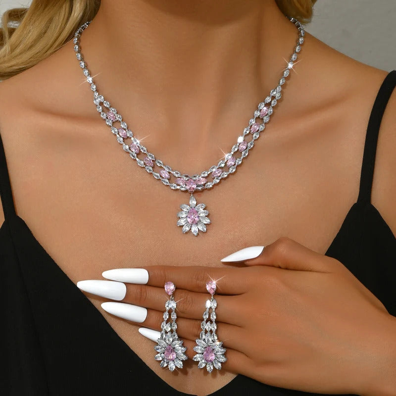 3PC Women's Fashion Zircon Flower Fresh Necklace Earrings Jewelry Set Design Sense Wedding Party Festival Gift-8556