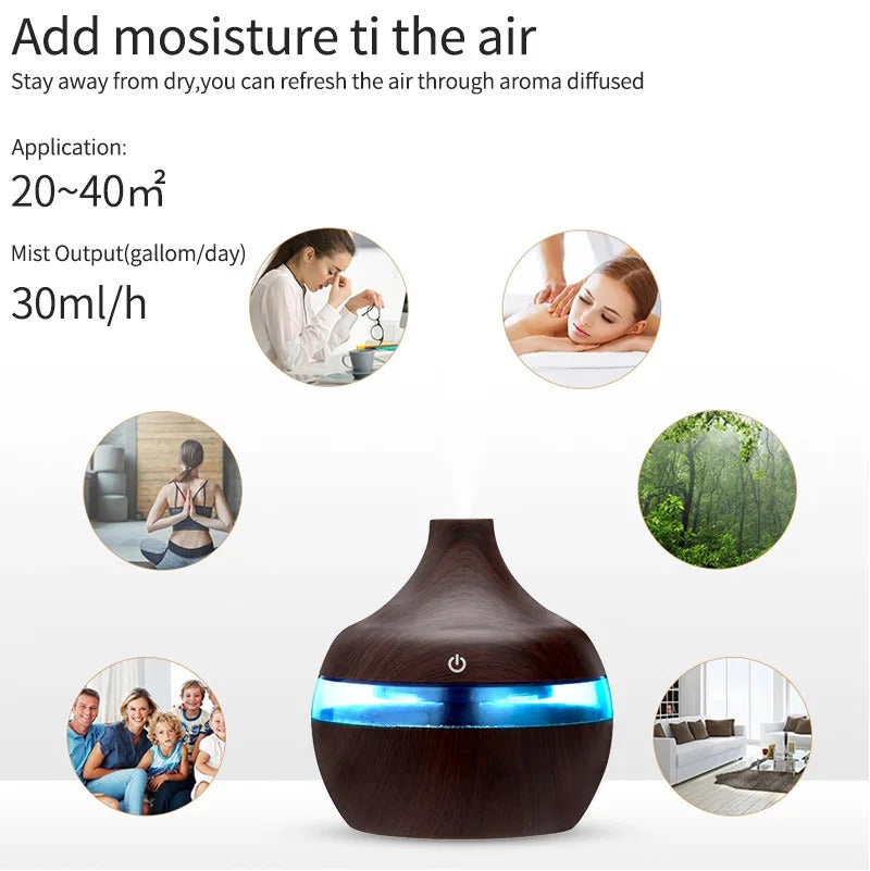 USB Cool Mist Sprayer Portable 300ml Electric Air Humidifier Aroma Oil Diffuser with Colorful Night Light for Home Car