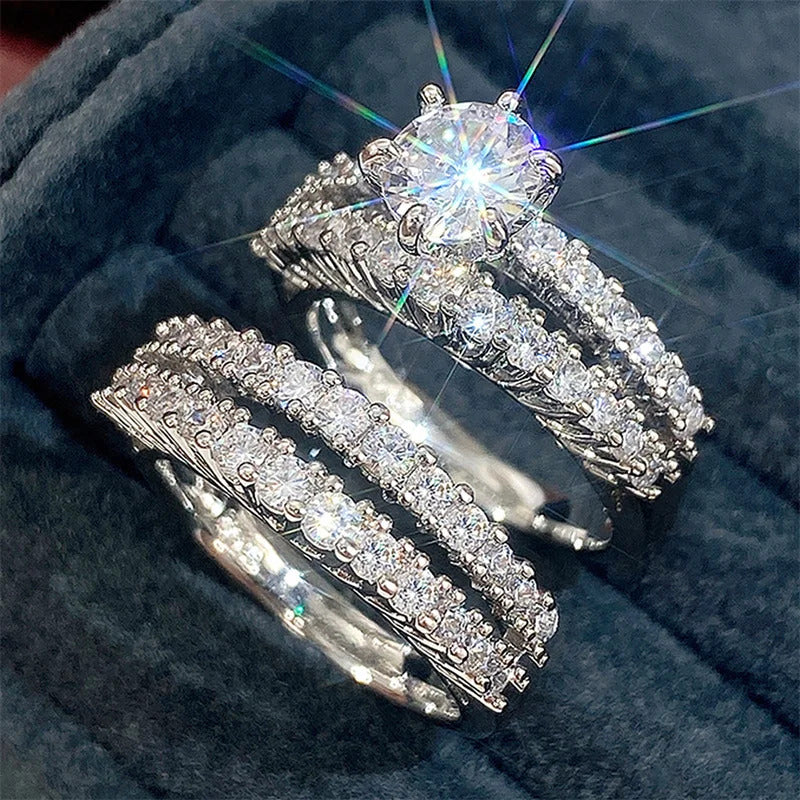 Huitan Trendy Hollow Set Rings Full Bling Iced Out CZ Stone Luxury Women Wedding Engagement Rings 2Pcs Set Jewelry Drop Shipping