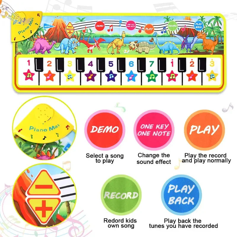 110x36cm Musical Piano Mat Toddle Mat Musical Carpet Toddlers Keyboard with 8 Dinosaur Sounds Baby Mat Educational Toys for Kids