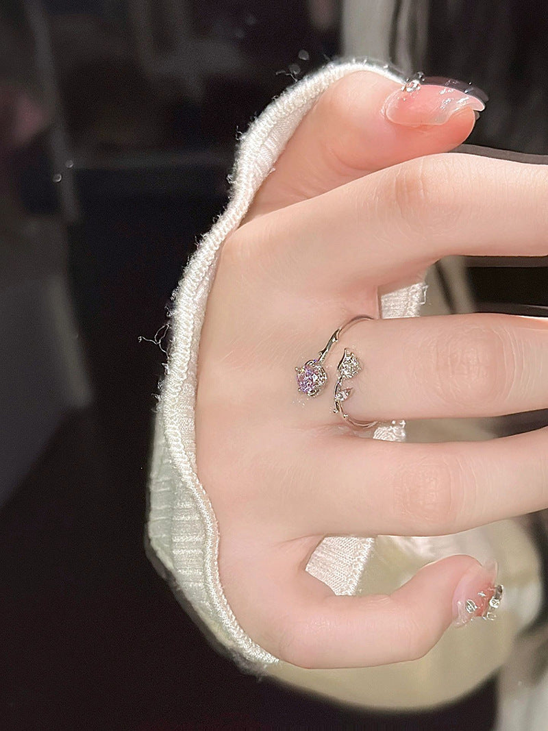 Pink Zirconium Rose Ring Female Mori Style Light Luxury Super Fairy Girl Flowers Openings Adjustable Ring