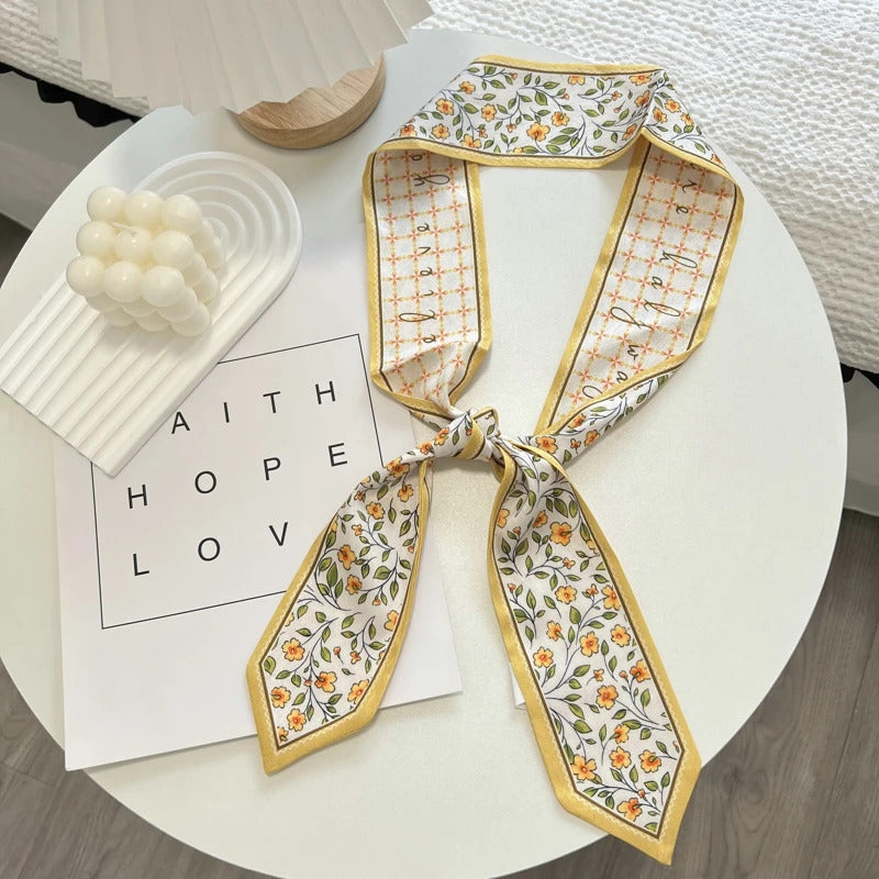 High-Grade Flower Print Long Silk Scarf Hair Band Ribbon Tied-up Hair Long Bow Vintage Satin Ribbon Hair Accessories For Women