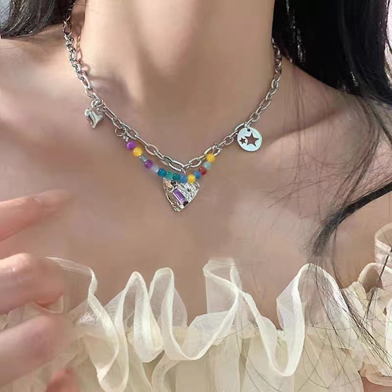 Candy-Colored Dopamine Necklace for Women All-Match Special-Interest Design Beaded Clavicle Chain Sweet Cool Hot Girl Necklace Online Influencer Jewelry