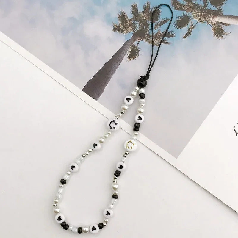Fashion Charm Pearl Clay Beaded Mobile Phone Chain Acrylic Cartoon Phone Jewelry Women Girls Anti Lost Telephone Lanyard Hanging