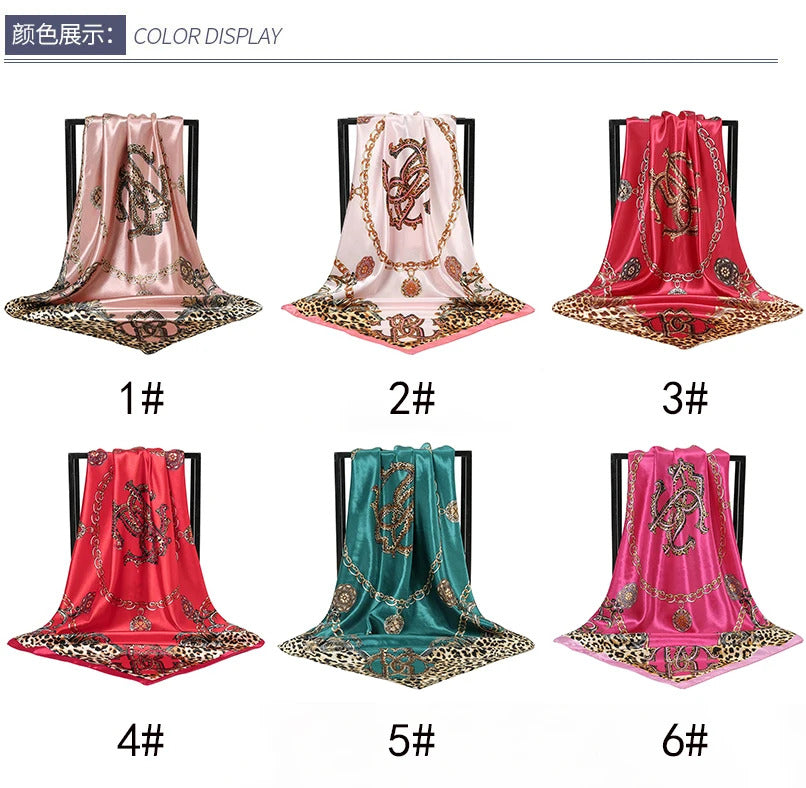 90*90cm Silk Satin Square Scarf Women Leopard Printed Headband Luxury Designers Scarf Handkerchief Foulard Silk Hair Band