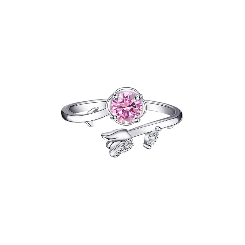 Pink Zirconium Rose Ring Female Mori Style Light Luxury Super Fairy Girl Flowers Openings Adjustable Ring