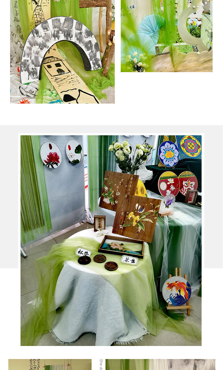 New Chinese Style Green Voile Kindergarten Environment Creation Ink Painting Ancient Style Classroom Ancient Style Scene Layout Background Wall Decoration