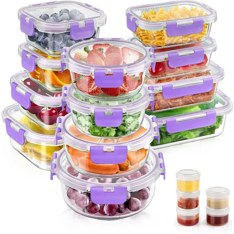 34pcs Glass Food Storage Containers with Lids Set, Airtight Glass Meal Prep Containers (17 Containers & 17 Lids), Leak Proof