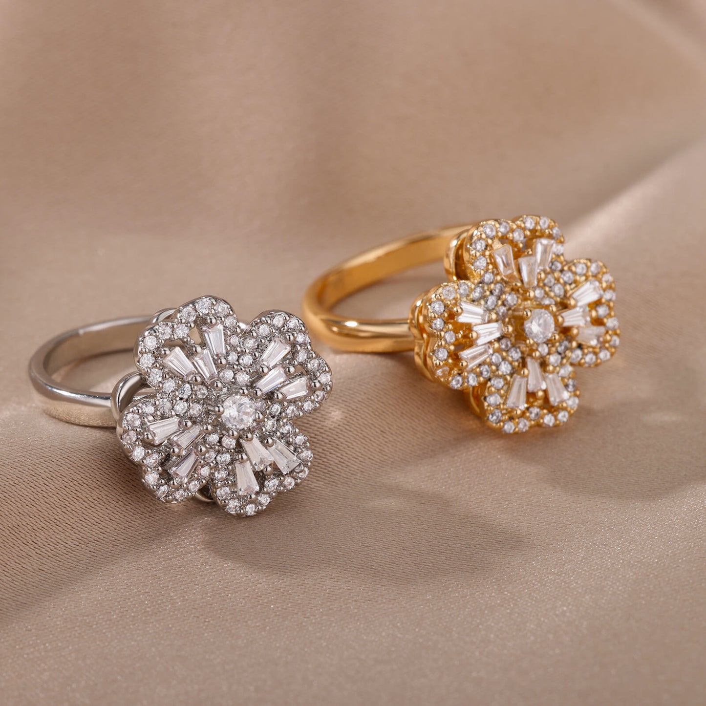 New Rotatable Zircon Flower Open Ring for Women, Unique Design Stress Relief Ring Wholesale