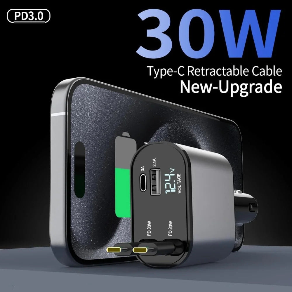 120W Car Charger 4 in 1 Retractable Fast Charging Car Phone Charger Cigarette Lighter Adapter USB C Cable for iPhone Xiaomi Poco
