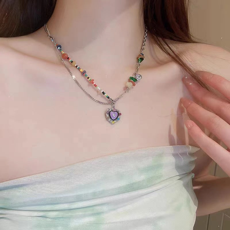 Candy-Colored Dopamine Necklace for Women All-Match Special-Interest Design Beaded Clavicle Chain Sweet Cool Hot Girl Necklace Online Influencer Jewelry