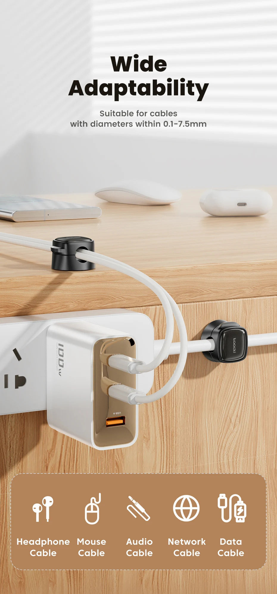 Toocki LX06 Magnetic Cable Clips Under Desk Cable Organizer Management Phone Cable Line Cleaning Magnetic WireKeeper Cord Holder