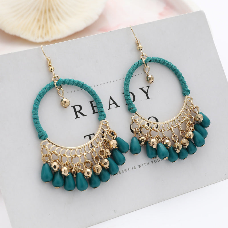 Ethnic Style Handwoven Earrings Bohemian Retro Round Water Drop Tassel Earrings