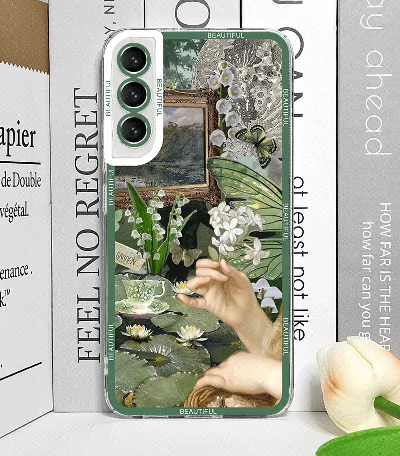 Cool Green Retro Flower Stickers Phone Case for Samsung Galaxy A55 A54 A53 A52 A51 A70 A22 A13 4G 5G Soft TPU Clear Cover Fundas