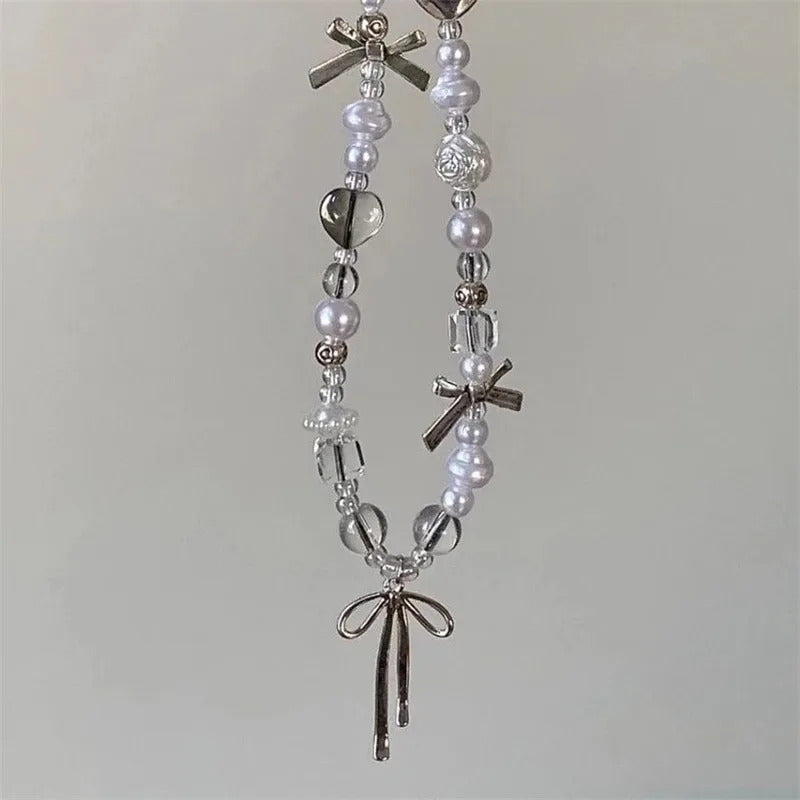 Korean Y2K Cute Flower Heart Bow Beaded Phone Chain Charm Lanyard For iPhone 16 15 Samsung Universal Accessories Jewelry Pendant