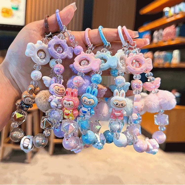 New Labubu wool ball bead Phone Chain Girls Kawaii Cartoon Backpack Pendant Cute Keychain Lanyard Bag Charm Mobile Case Gift