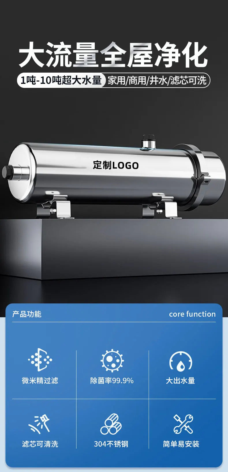 Reusable PVDF Water Filter System, High Flow, Commercial, Home, Kitchen Drink, Straight UF Filters, Lasts Exceed 5 Years, 1000L