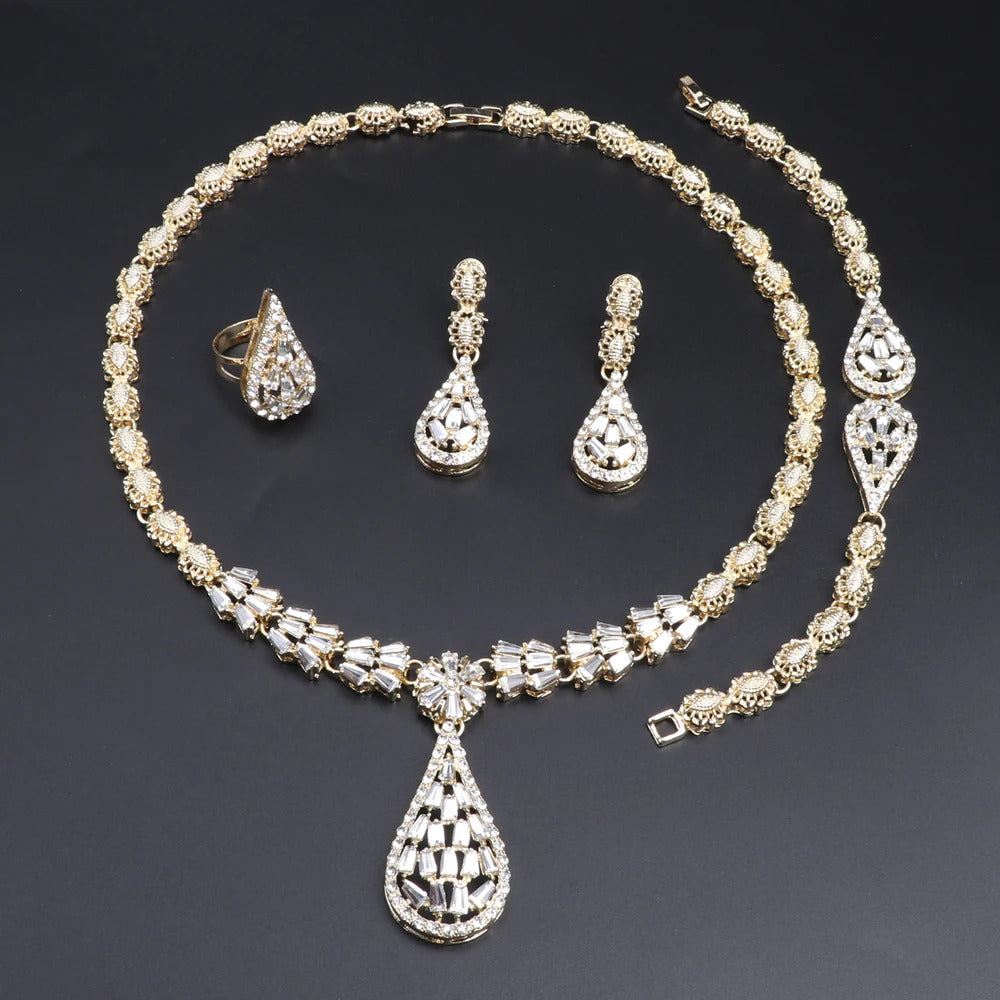 Dubai Gold Color Jewelry Sets Water Drop Pendant Necklace Earrings Ring Bracelet Classic Design 4Pcs Set Party Jewelry