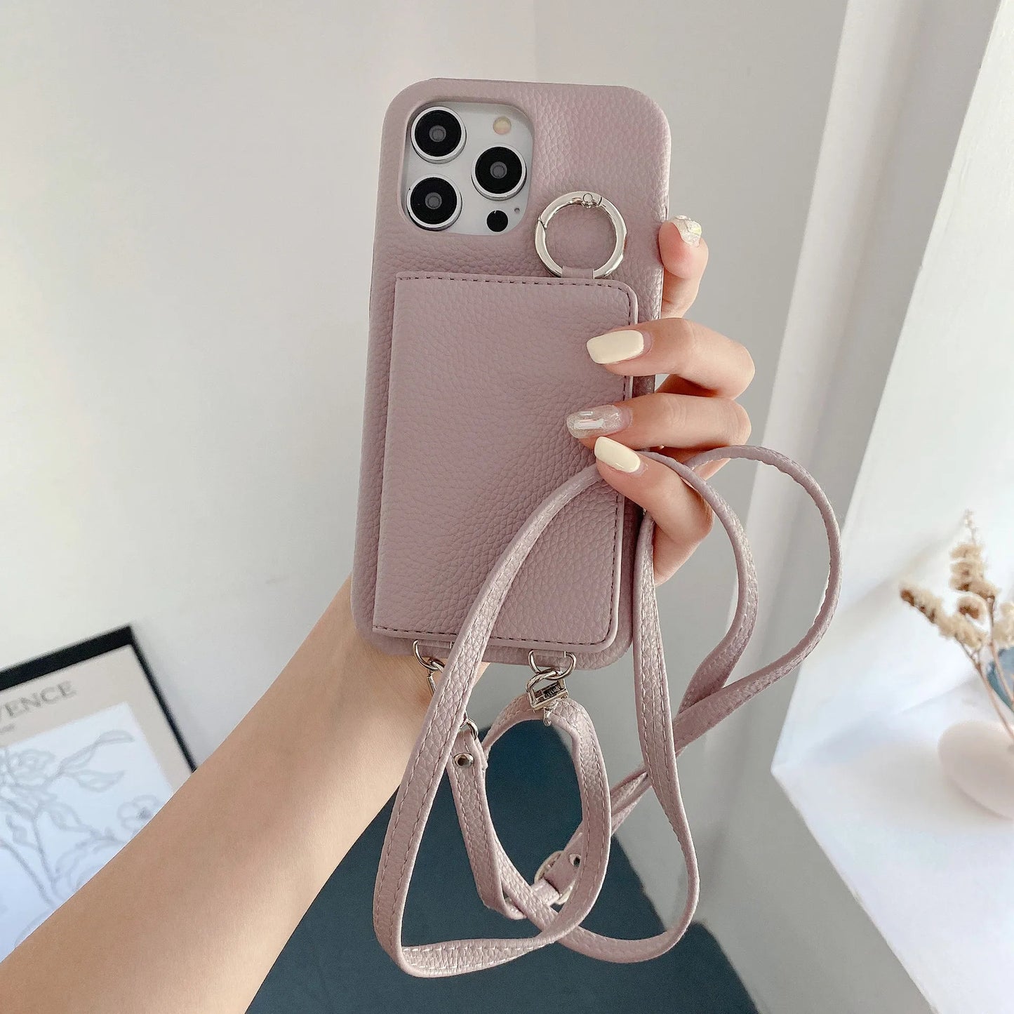 Ring Holder Mirror Card Slot Case For iPhone 13 12 Mini 16E 16 15 14 11 Pro XS Max 8 Plus Crossbody Wallet Lanyard Leather Cover