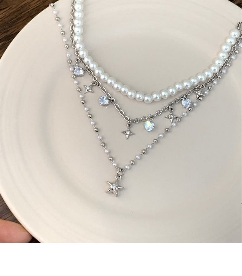 Iterative Five-pointed Star Pendant Pearl Necklace Cold Style Light Luxury Spice Clavicle Chain