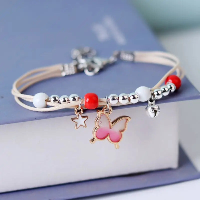 Kpop Cute Colorful Butterfly Bracelet for Women Girl Fashion Hand-woven Star Bell Beads Flower Pendant Bracelet Sister's Jewelry
