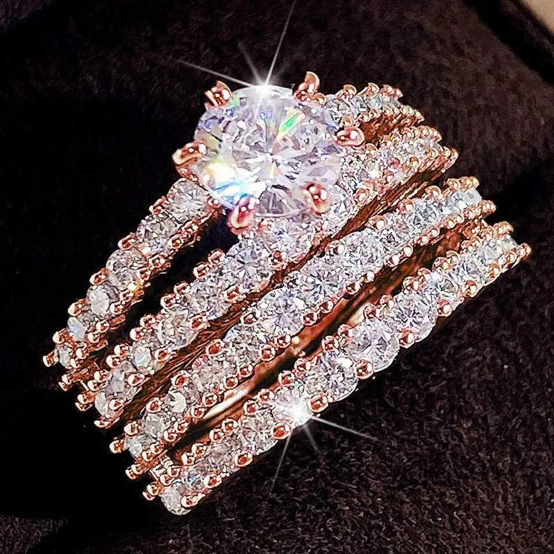 Huitan Trendy Hollow Set Rings Full Bling Iced Out CZ Stone Luxury Women Wedding Engagement Rings 2Pcs Set Jewelry Drop Shipping