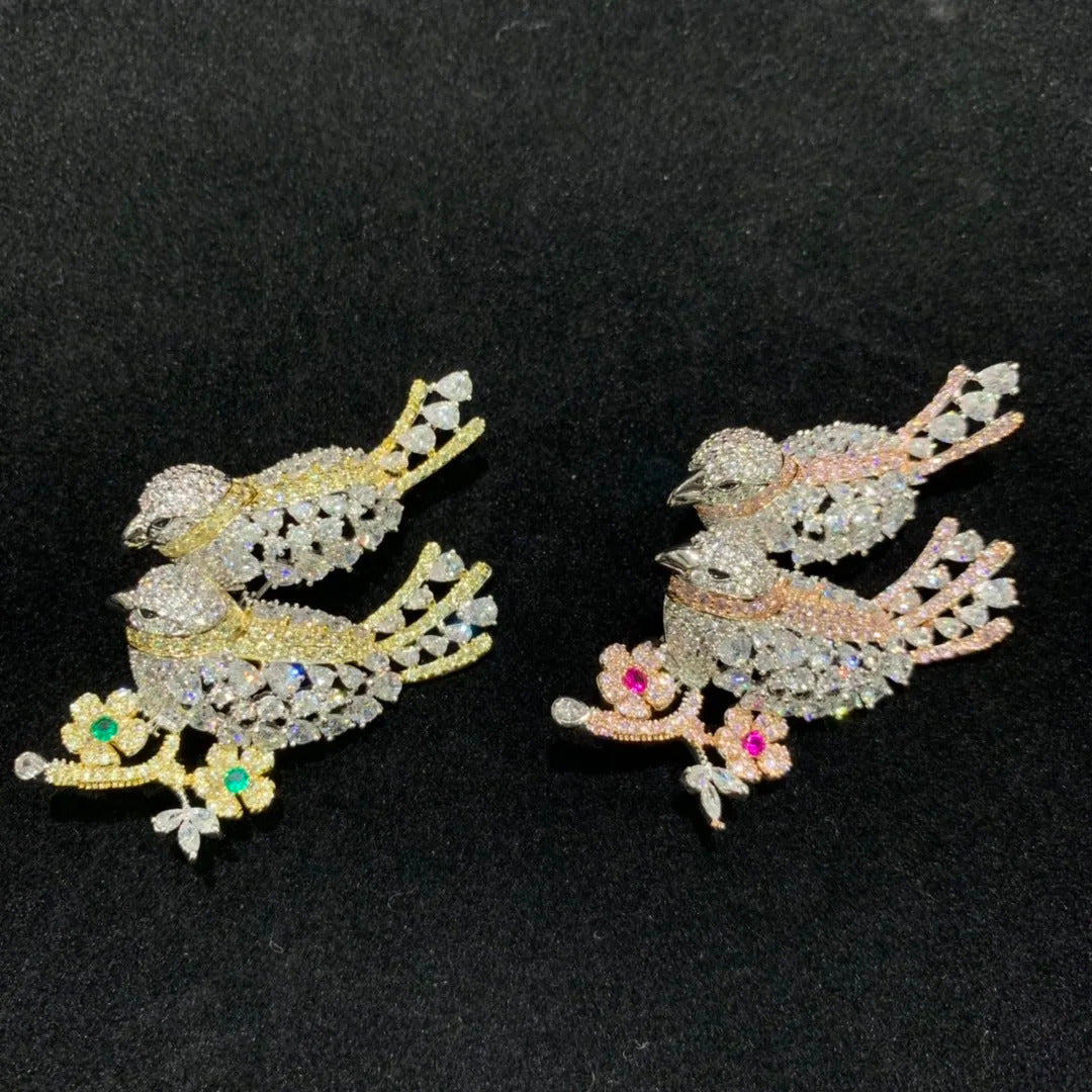 copper with cubic zircon birds brooch pin pink yellow multi color single double birds fashion women & men jewelry free shipping