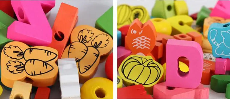 26pcs Wooden Toys Baby DIY Toy Cartoon Fruit Animal Stringing Threading Wooden beads Toy Monterssori Educational for Kids GYH