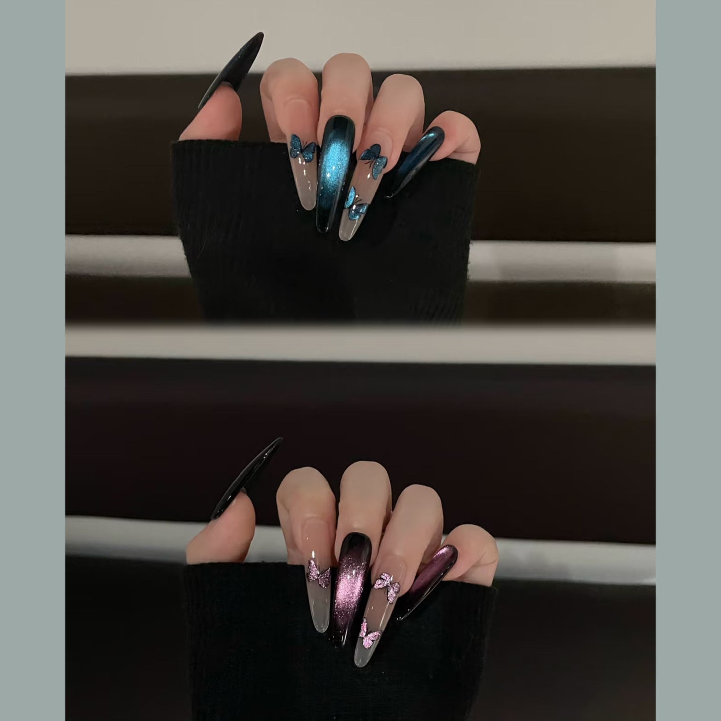 Dairison [Magic Butterfly] Wearable Nails Pure Handmade Advanced AB Glass Bead Cat Eye Dynamic Butterfly Nail Tips