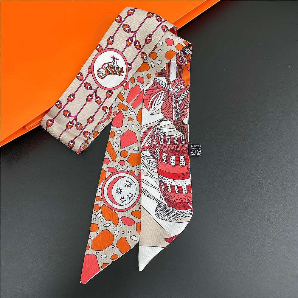 Fashion Women Hair Scarf 2024 New Brand Design Luxury Silk Scarf Fashion Print Headband Skinny Bag Scarves Neckerchief