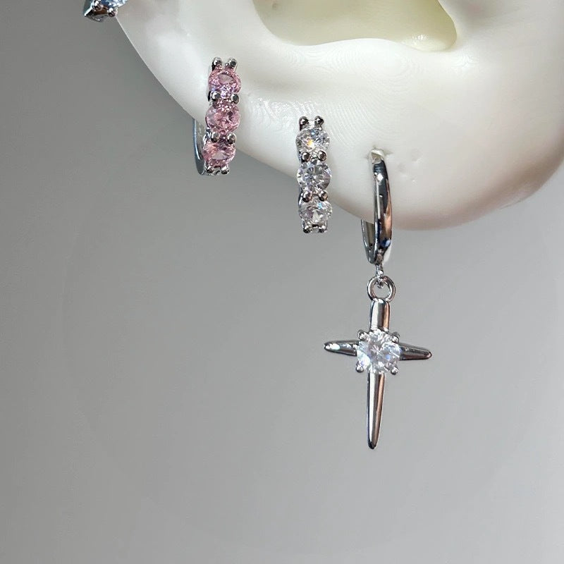 Sweet Cool Style Super Shiny Cross Earrings Cool Korean Sweet Temperament Double Ear Hole Ear Jewelry