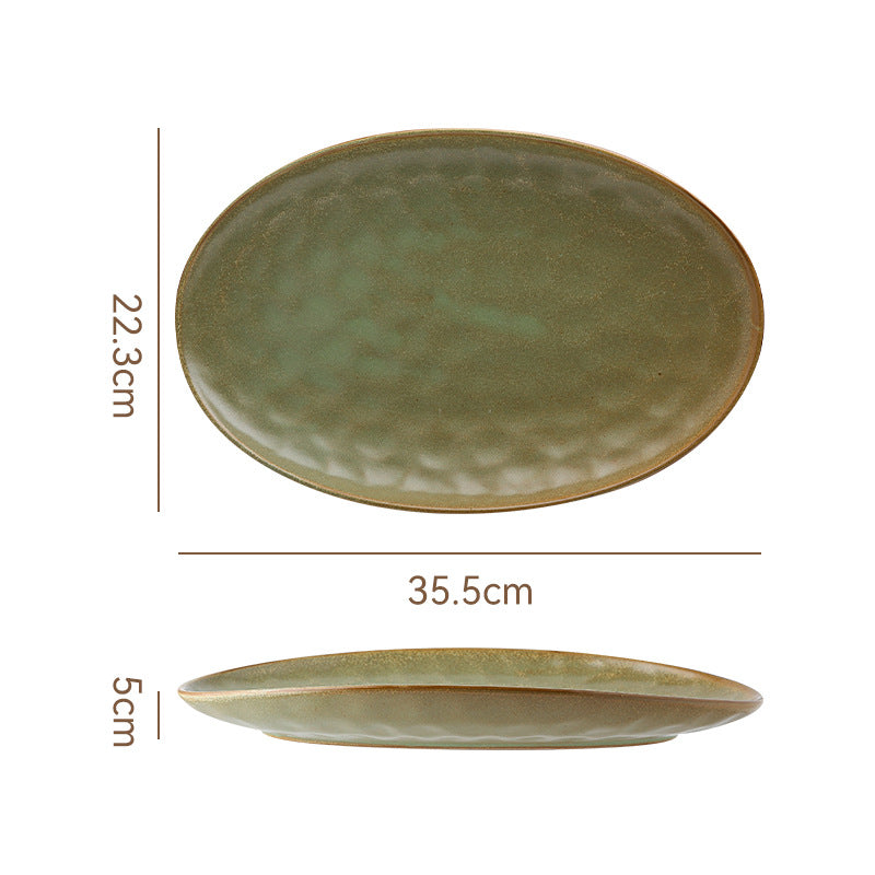 Vintage Coarse Pottery Oval Ceramic Long Plate Restaurant Home Large Capacity Personalized Fish Plate Sushi Pastry Dessert Display Plate