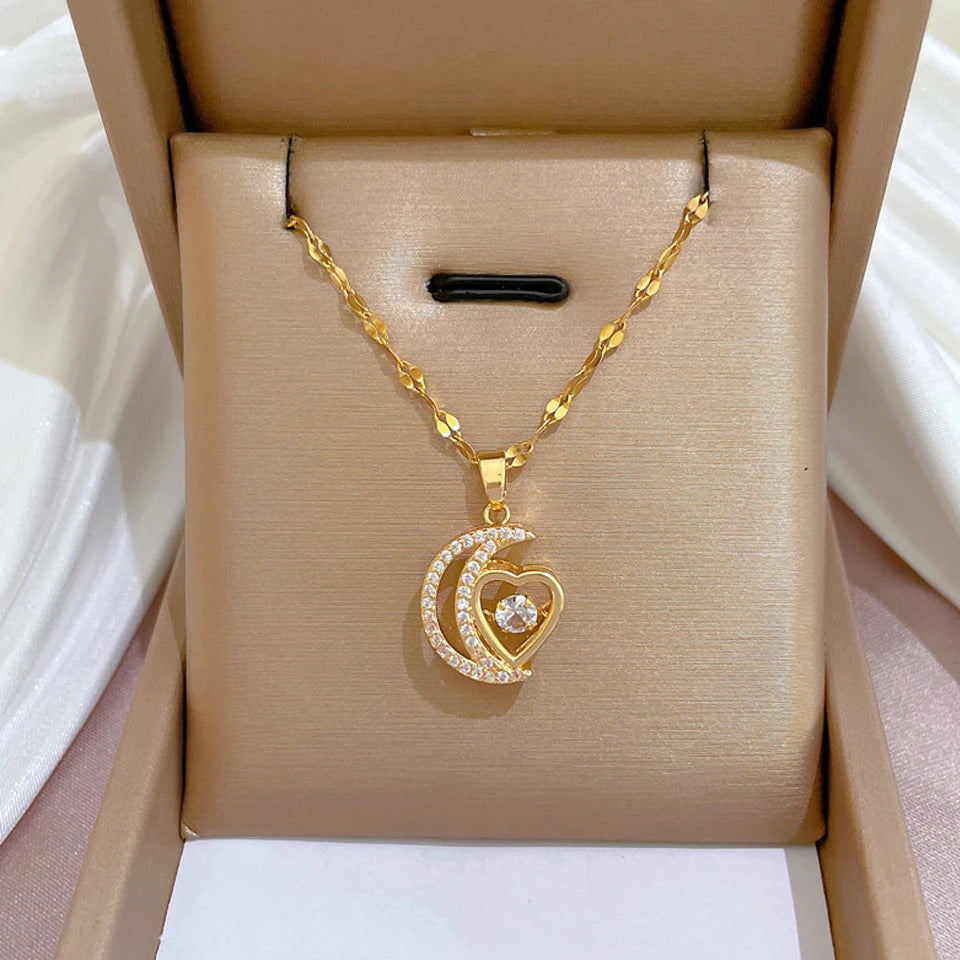ZAKOL Classic Gold Color Stainless Steel Necklace For Women Shiny Zircon Geometric Heart Pendant Necklaces Jewelry Gift