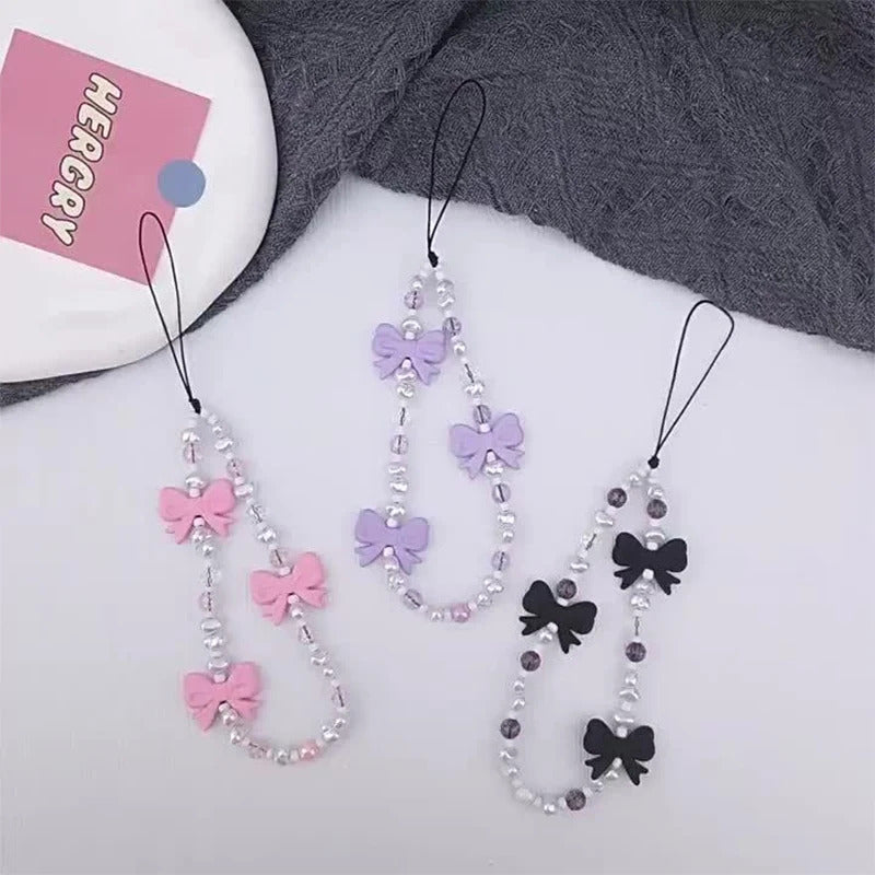 Korean Kawaii Pink Bowknot Beaded Phone Chain Fashion Delicate Keychain For Women Girls Sweet Bag Decoration Accessories Gifts