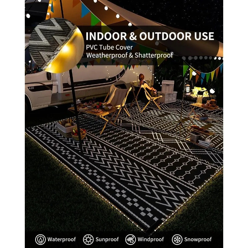 Outdoor Rug Carpet Waterproof 8x10 ft with LED Strip Lights-Patio Rug Mat Indoor Outdoor Rug for RV Camping Picnic