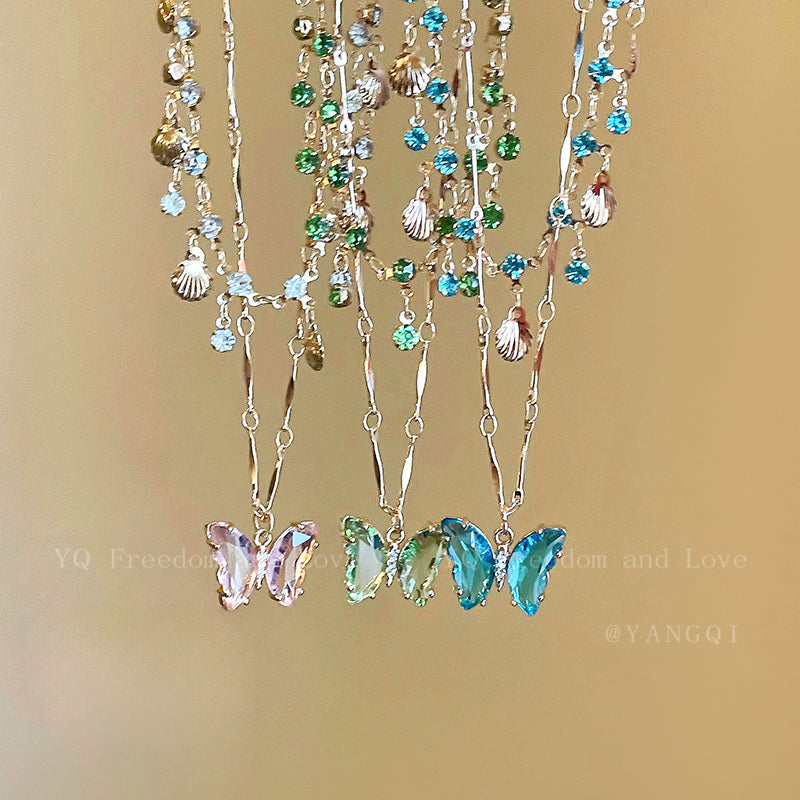 Blue Butterfly Double Tassel Necklace Summer Cool Necklace Accessories Female Niche Clavicle Chain
