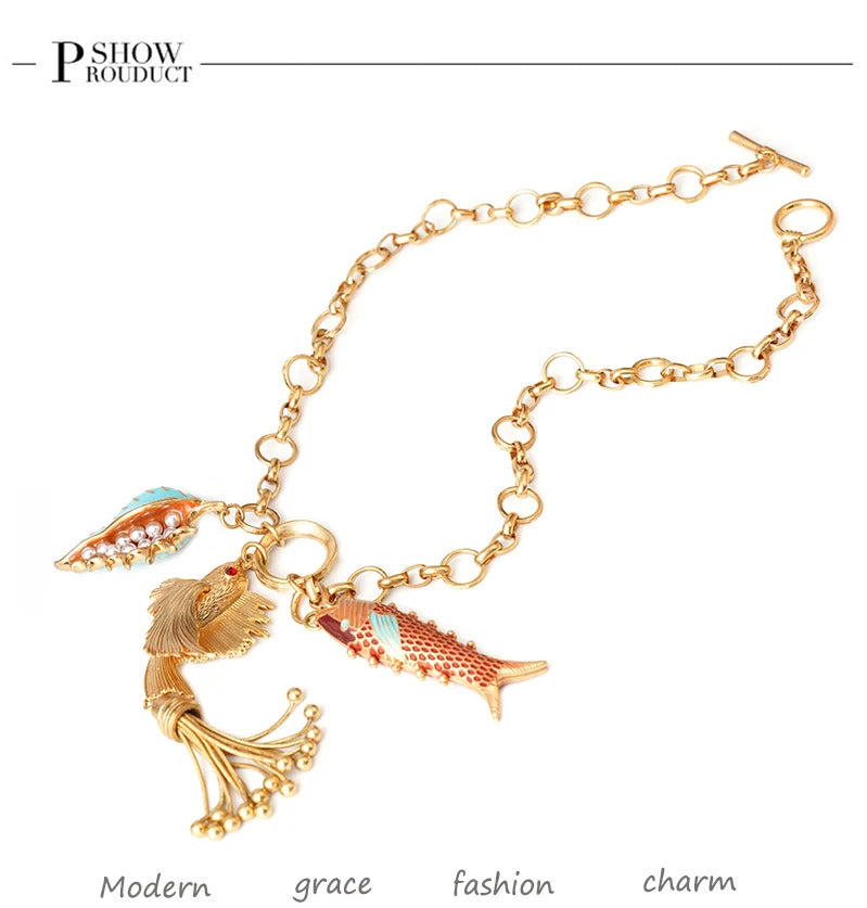 Cute Sea whale Necklace Pendant Chain Fish Fashion Jewelry Chic Mermaid Tassel Conch Dangle Choker Ocean Beauty Accessory