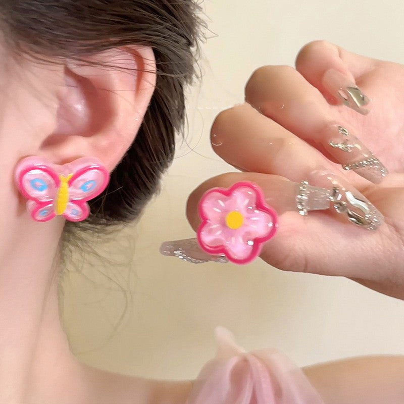 Dopamine Colorful Flower Earrings Suitable for Spring Sweet Cute Young Heart Stud Earrings for Women 2025 New Model