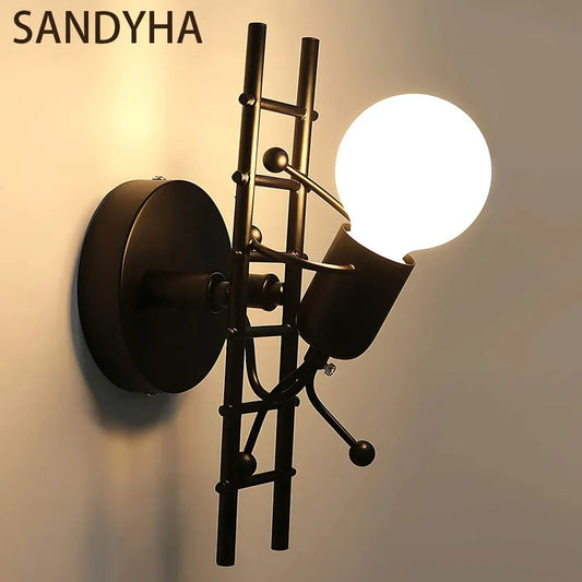 SANDYHA Warmth Bedside Nodic Wall Lamp Creative Small Man Iron Light Metal Simple Cartoon Robot Sconce Art Decor Bedroom Light