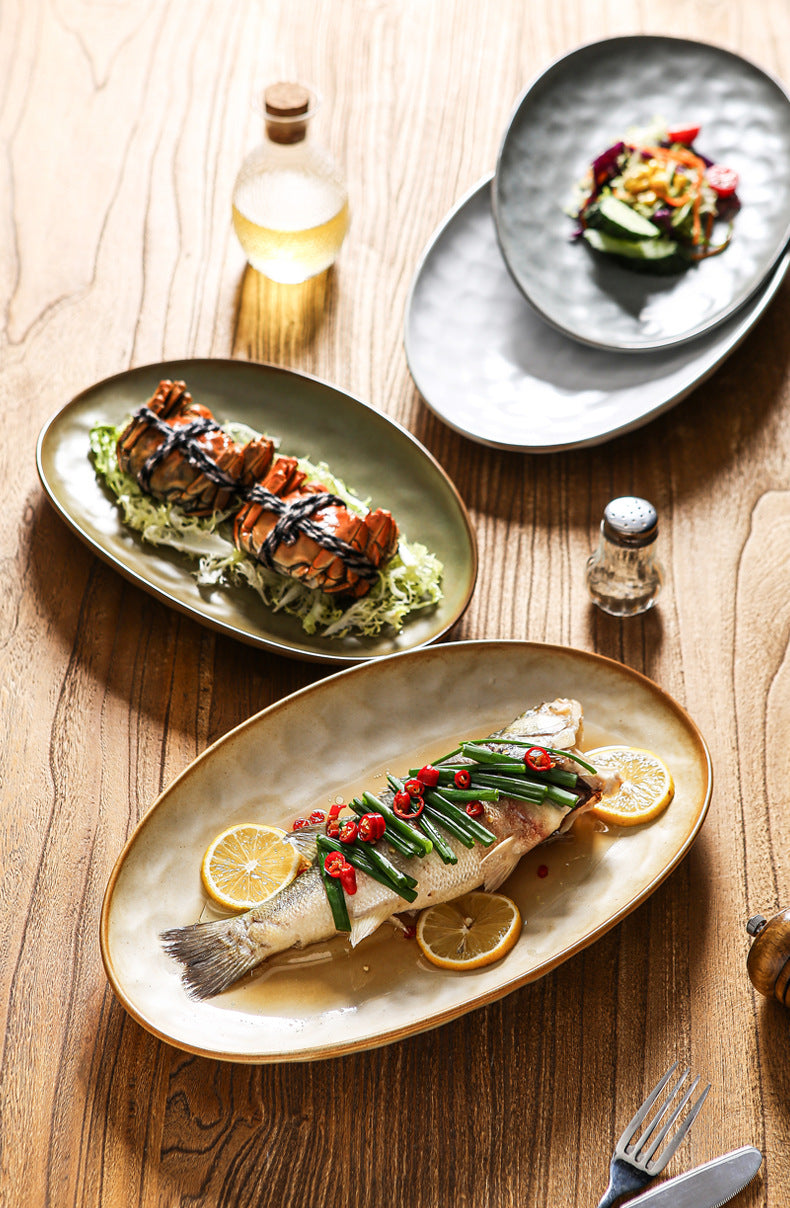 Vintage Coarse Pottery Oval Ceramic Long Plate Restaurant Home Large Capacity Personalized Fish Plate Sushi Pastry Dessert Display Plate