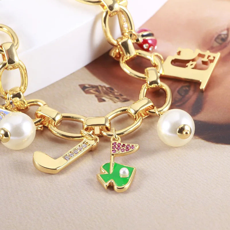Jewelry Enamel Glaze Fun Cute Frog Ladybug Letter Flag Pearl Multi Pendant Bracelet