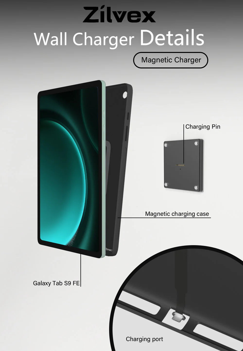 For Samsung Galaxy Tab S9 FE 10.9 inch Stand Wall Mount Tablet Stand 18W Fast Charging Magnetic Wireless Rotatable