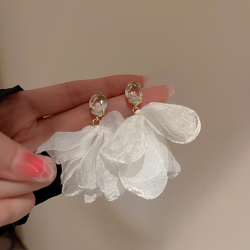 Silver Needle Inlaid with Diamonds and Pearls Flower Tassel Earrings Niche Style Atmosphere Earrings Fashionable Light Luxury High-end Earrings