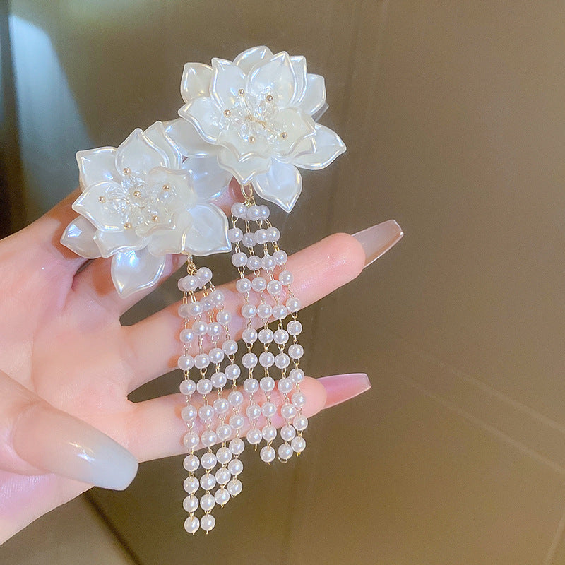 Silver Needle Inlaid with Diamonds and Pearls Flower Tassel Earrings Niche Style Atmosphere Earrings Fashionable Light Luxury High-end Earrings