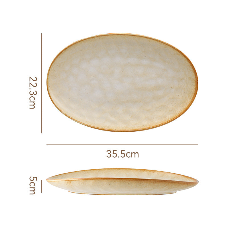 Vintage Coarse Pottery Oval Ceramic Long Plate Restaurant Home Large Capacity Personalized Fish Plate Sushi Pastry Dessert Display Plate