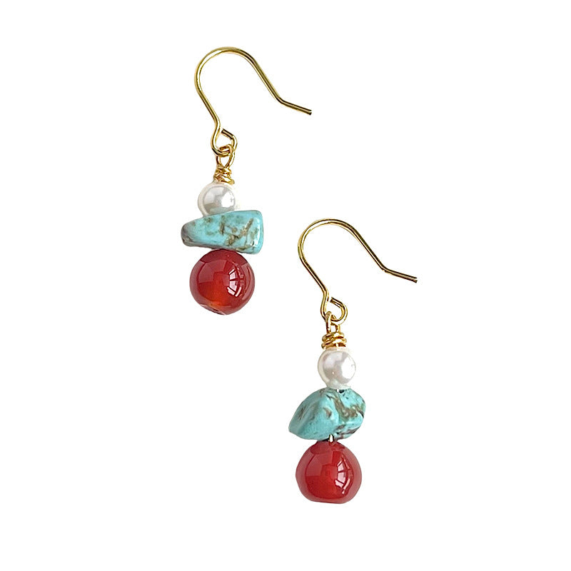 Natural Pearl Earrings National Trend New Chinese Style Agate Earrings Elegant Retro Artistic Tibetan Style Ear Jewelry