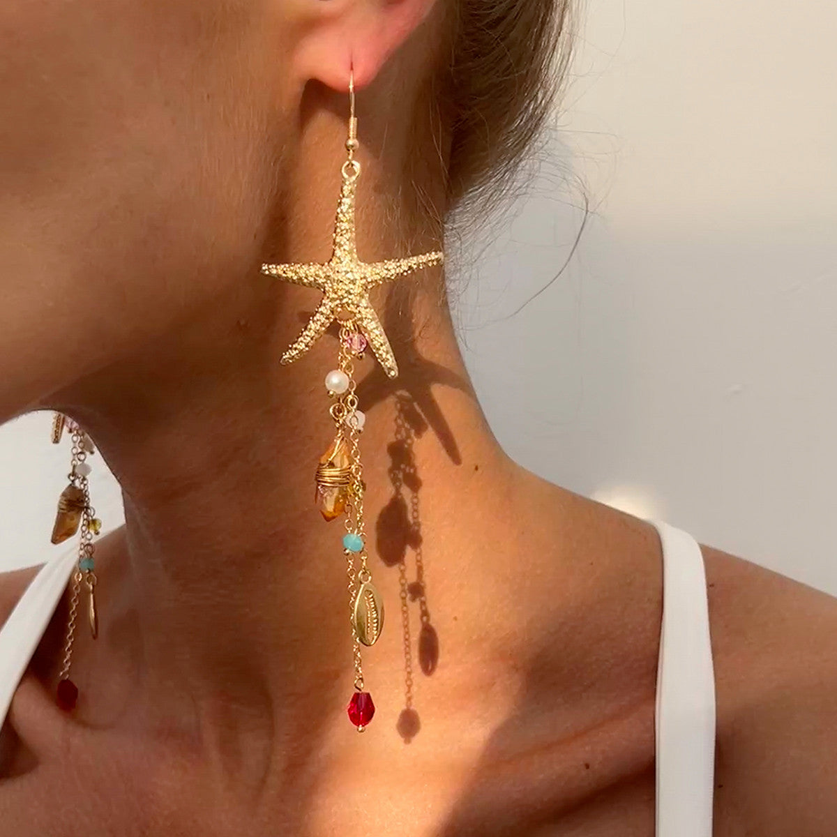 Vacation Beach Starfish Jellyfish Alloy Earrings Fashion High Sense Crystal Tassel Earrings