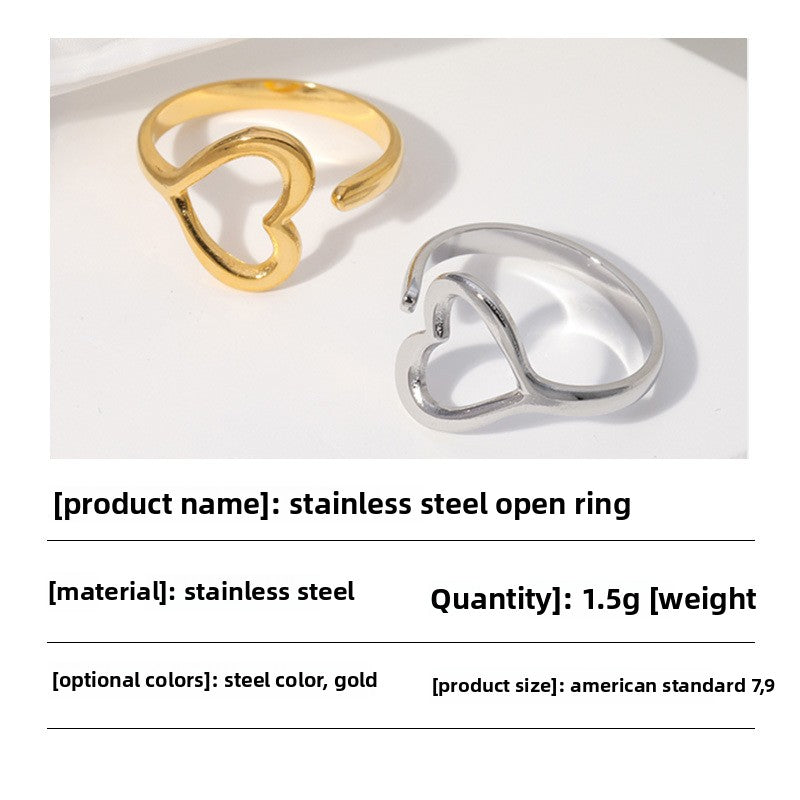 Titanium Steel Ring for Women Heart Shape Open Finger Ring Light Luxury Simple Korean Style Stainless Steel Tail Ring